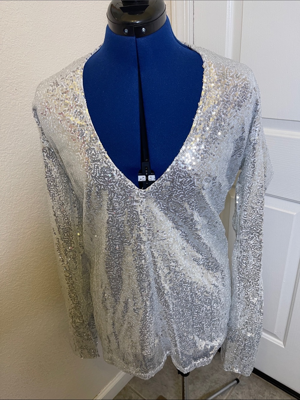 MINT VELVET  Sequins in Classic or V-Neck Option Blouse is with long sleeves.